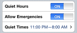 The quiet hours options display in Prowl.