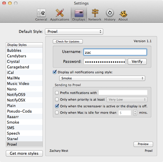 A screenshot of the Prowl Growl preferences inside of the Growl prefpane.