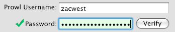 A screenshot from the Prowl Growl preferences, which shows the username and password being entered and verified to be correct with a checkbox next to the password.